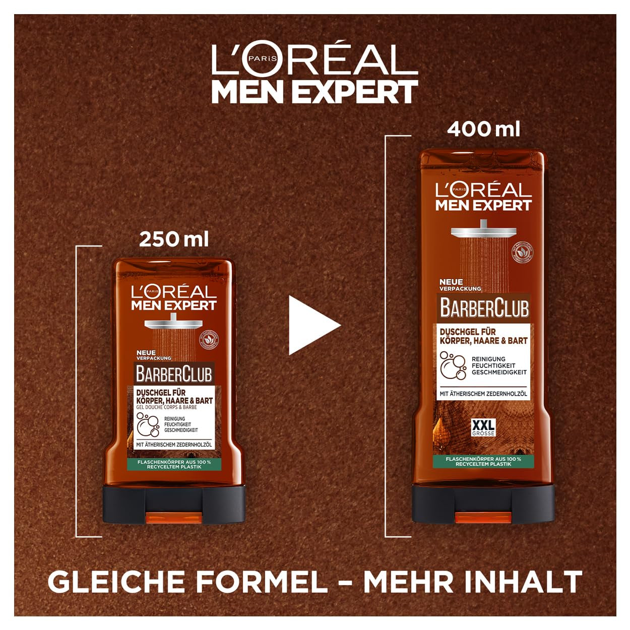 L'Oréal Men Expert XXL Duschgel Und Shampoo Für Männer, Duschbad Zur Reinigung Von Körper, Haar, Gesicht Und Bart, Herren Körperpflege Mit Holzigem Duft Und Zedernholzöl, Barber Club, 1 X 400 Ml