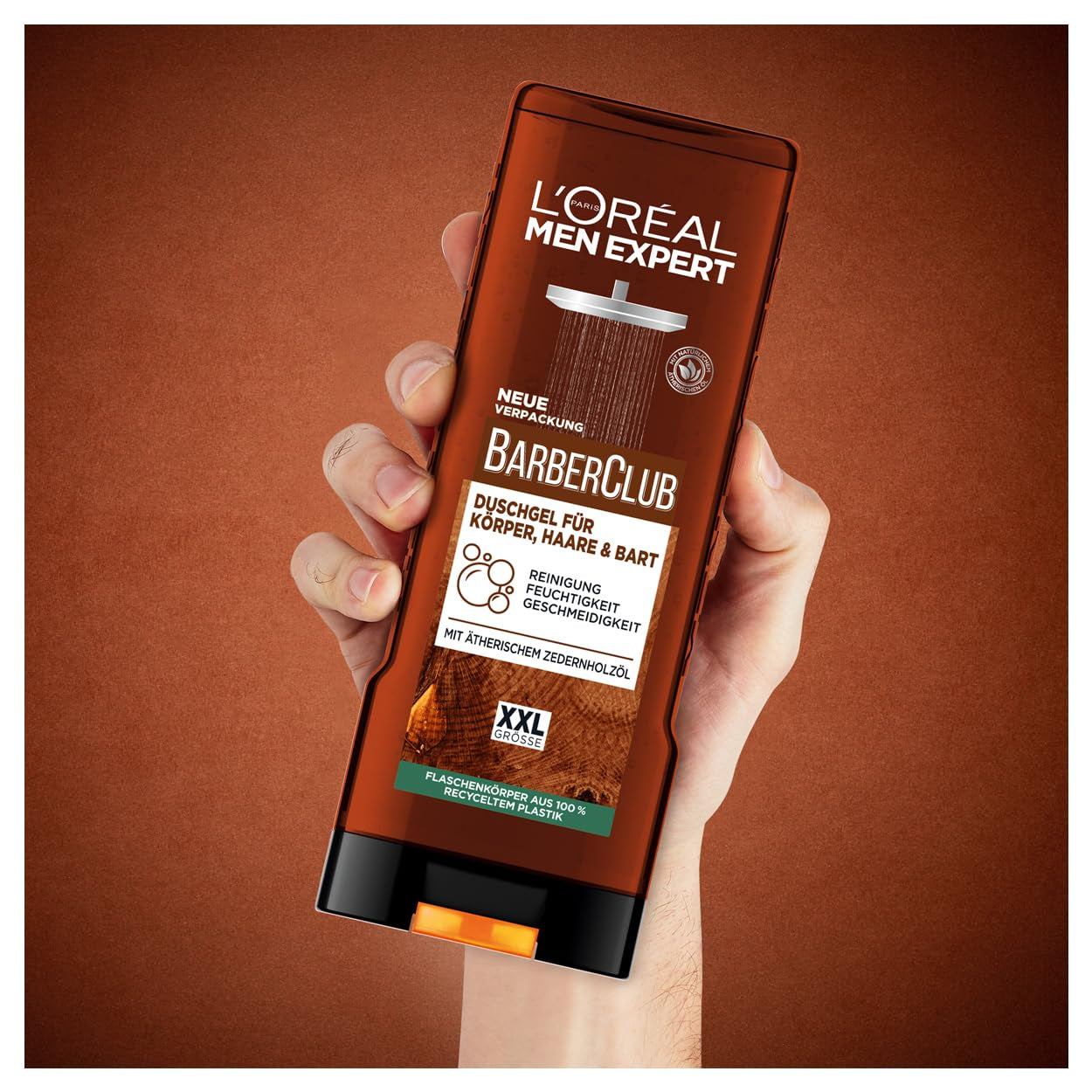 L'Oréal Men Expert XXL Duschgel Und Shampoo Für Männer, Duschbad Zur Reinigung Von Körper, Haar, Gesicht Und Bart, Herren Körperpflege Mit Holzigem Duft Und Zedernholzöl, Barber Club, 1 X 400 Ml